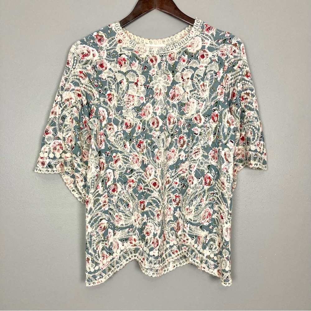 Solitaire Botanical Embroidered Scalloped Blouse Women’s Size S Boho Peasant